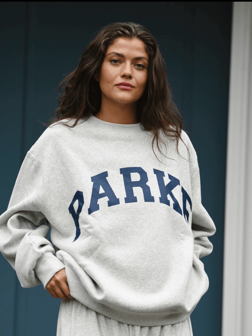 Parker Light Gray Crewneck Sweatshirt with Navy Logo